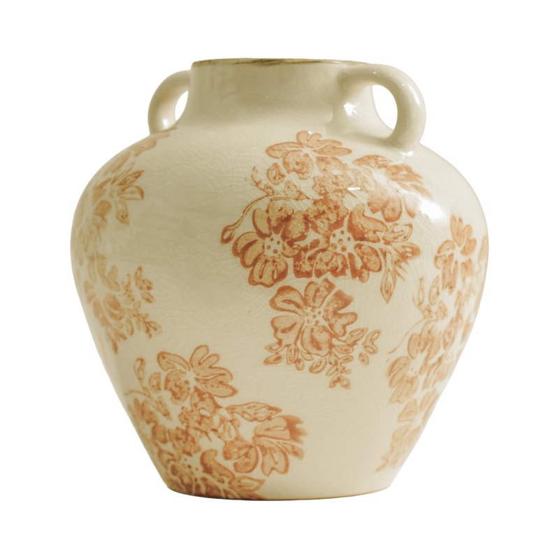 Vintage Floral Ceramic Tabletop Vase with Dual Handles - White & Yellow, 6.5 Inches