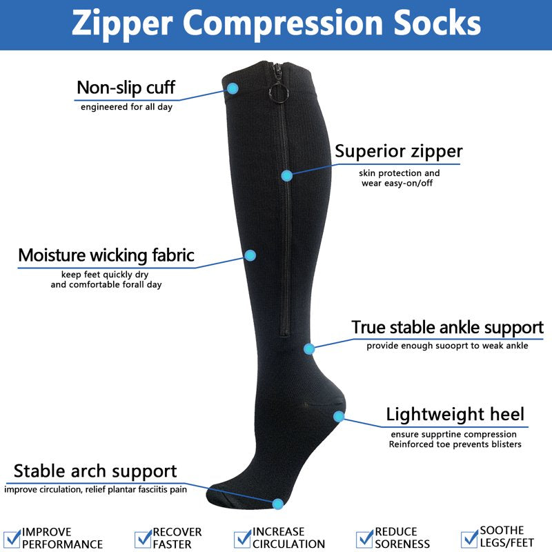 Plus Size Zipper Compression Socks 20-30mmHg Knee High Support Stockings
