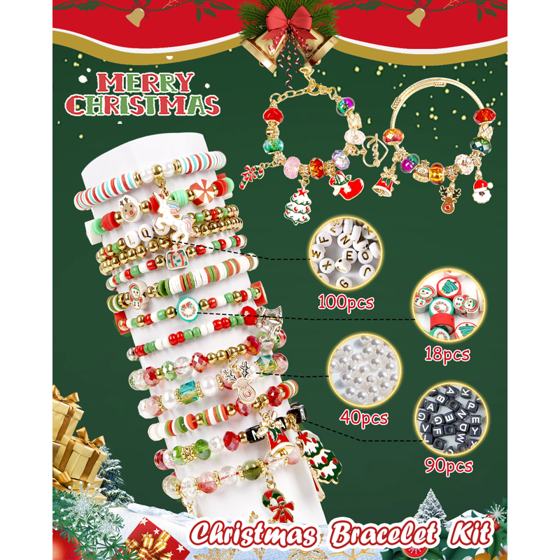 Christmas Friendship Bracelet Making Kit with Clay Beads & Charms for Kids