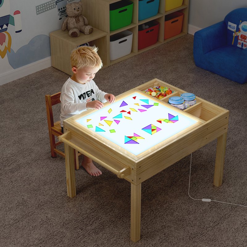 3-in-1 Kids Activity Table with LED Light, Building & Art Station, Storage