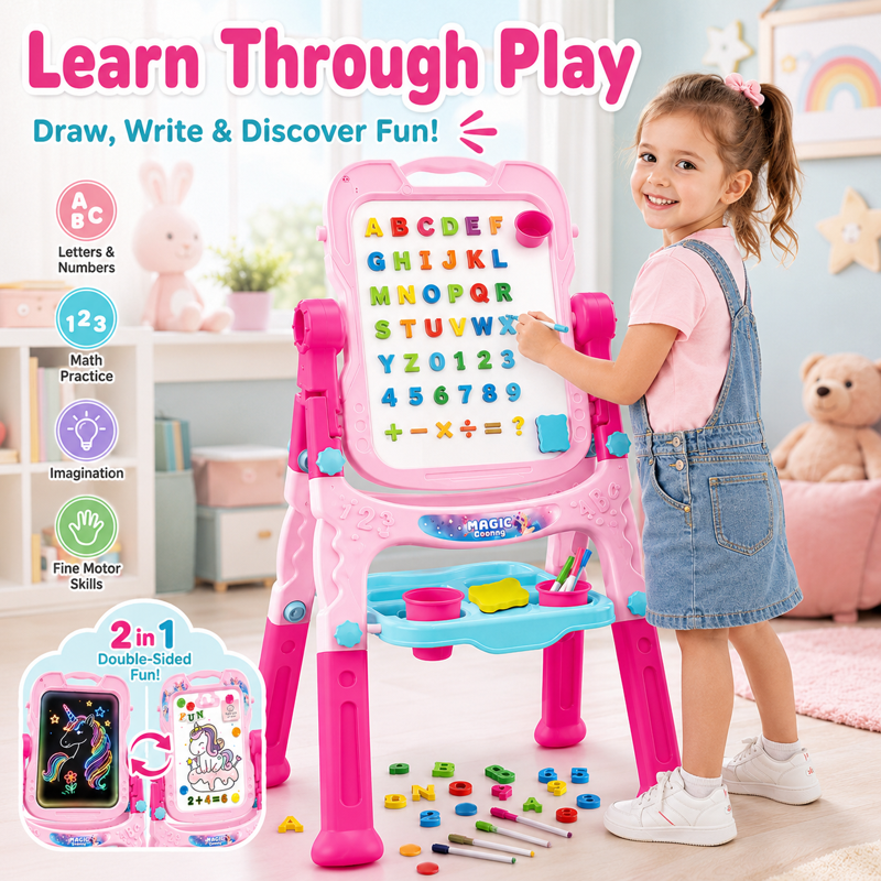 Kids Art Easel with Painting Accessories - Adjustable Double-Sided & Rotatable Pink