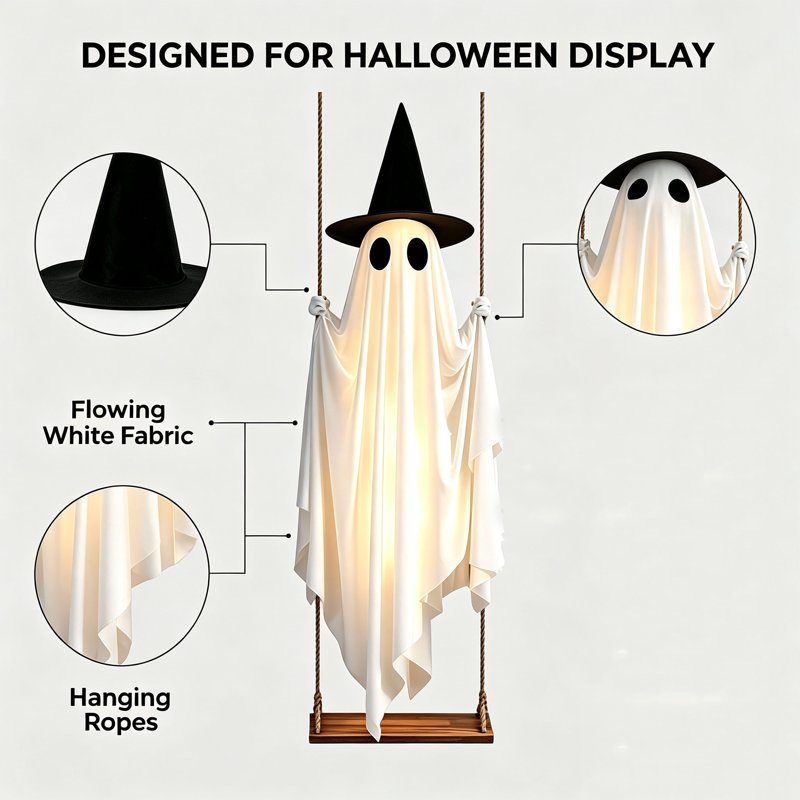 Outdoor Halloween Light-Up Ghost with Hanging Witch Hat | 4.3 ft Spooky Decor