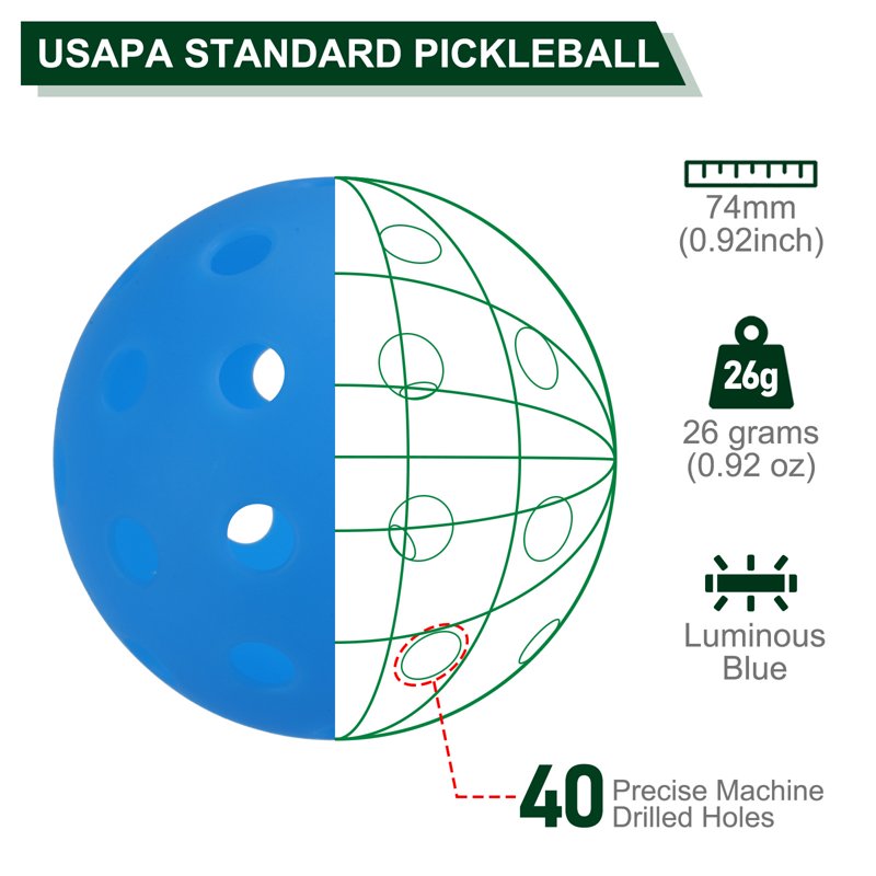 Blue Luminous Pickleball Balls 6 Pack — Glow in the Dark, 40 Holes, Mesh Bag