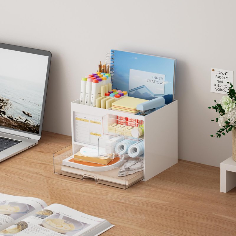 Multi-Compartment Desk Organizer with Drawers and Pen Holder - White/Green