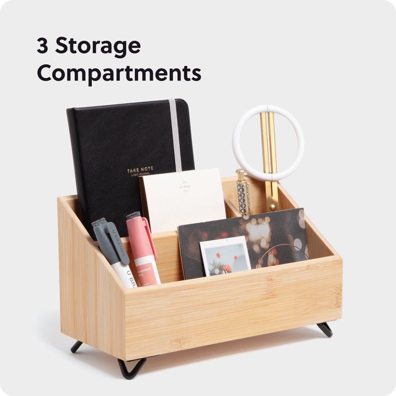 Bamboo Desktop Organizer with 3 Compartments - Office Desk Storage