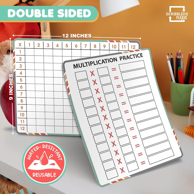 Multiplication Table Dry Erase Sheets - Reusable Math Practice Boards for Students