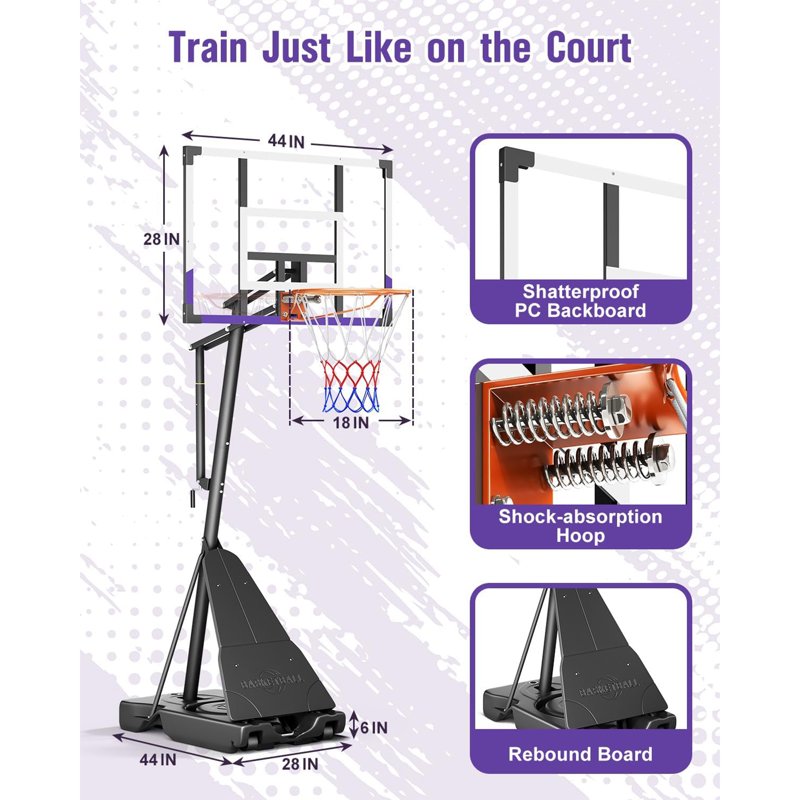 Portable Adjustable Basketball Hoop System - 44 Inch Shatterproof Backboard, 5.25-10FT Height for Kids & Adults