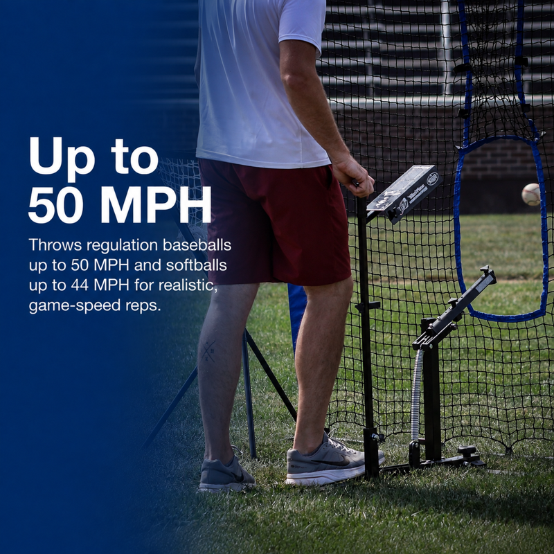 Mechanical Baseball & Softball Pitching Machine - Up to 50 MPH, Portable & Manual