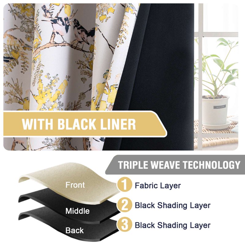 Blackout Floral Bird Printed Curtains - Grommet Window Drapes for Bedroom & Living Room, 52x84 Inches