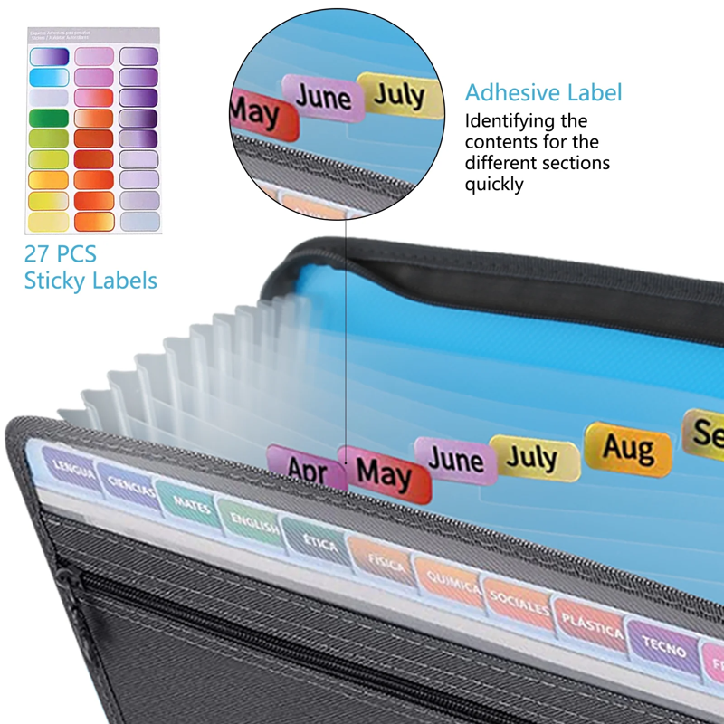 Accordion File Organizer with 13 Pockets, Zipper Closure, A4 Letter Size, Portable Office & School Document Folder — Blue