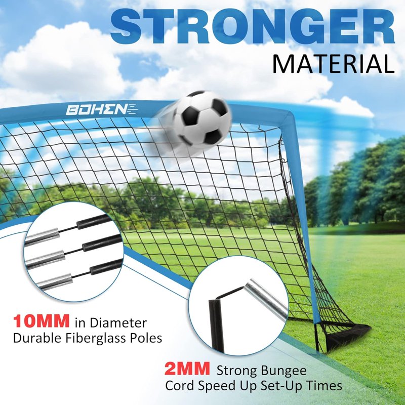 BOHEN 6x4 FT Portable Soccer Goal for Kids Blue with Net, Carry Bag & Ground Stakes - 2 Pack