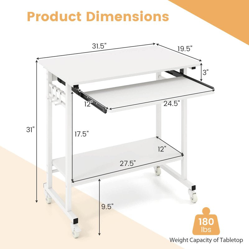 Mobile Laptop Desk with Keyboard Tray & Hooks, Lower Shelf, Wheels, White