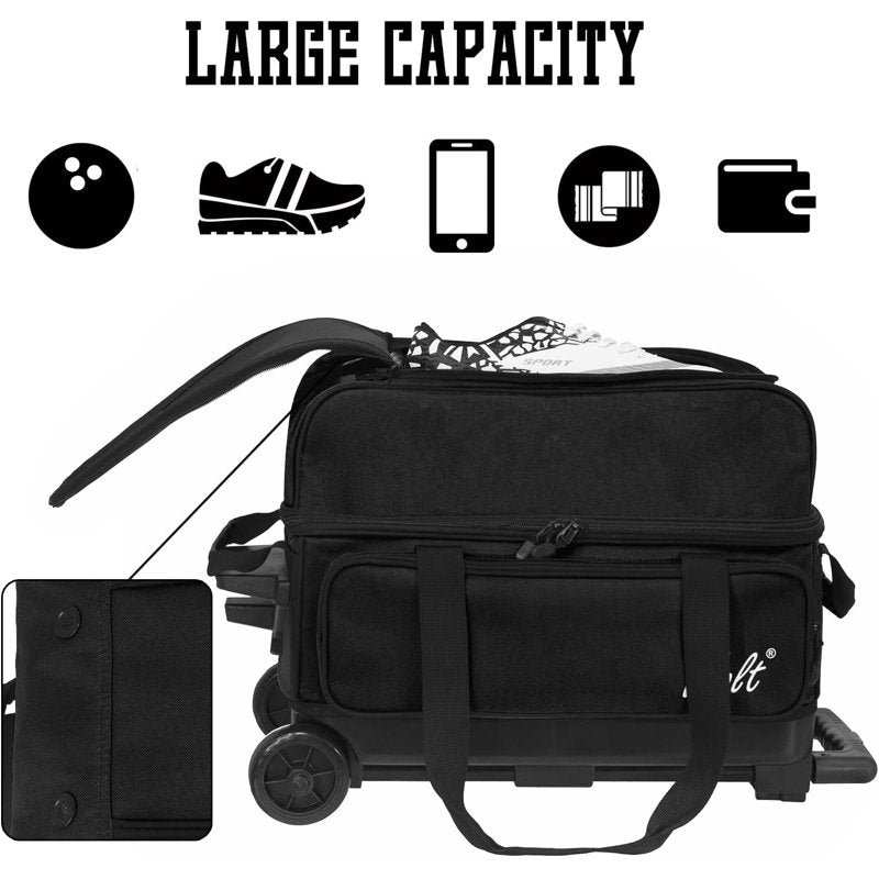 WOLT Black Double Roller Bowling Bag with Retractable Handle - 2 Ball Capacity