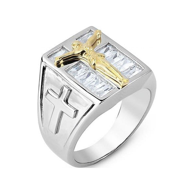 Men's Stainless Steel Crystal Crucifix Ring with 2-Tone Finish
