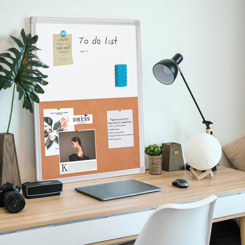Magnetic Whiteboard and Cork Bulletin Board Combo 36x24 Inches - Wall Mountable Office & Home Organization