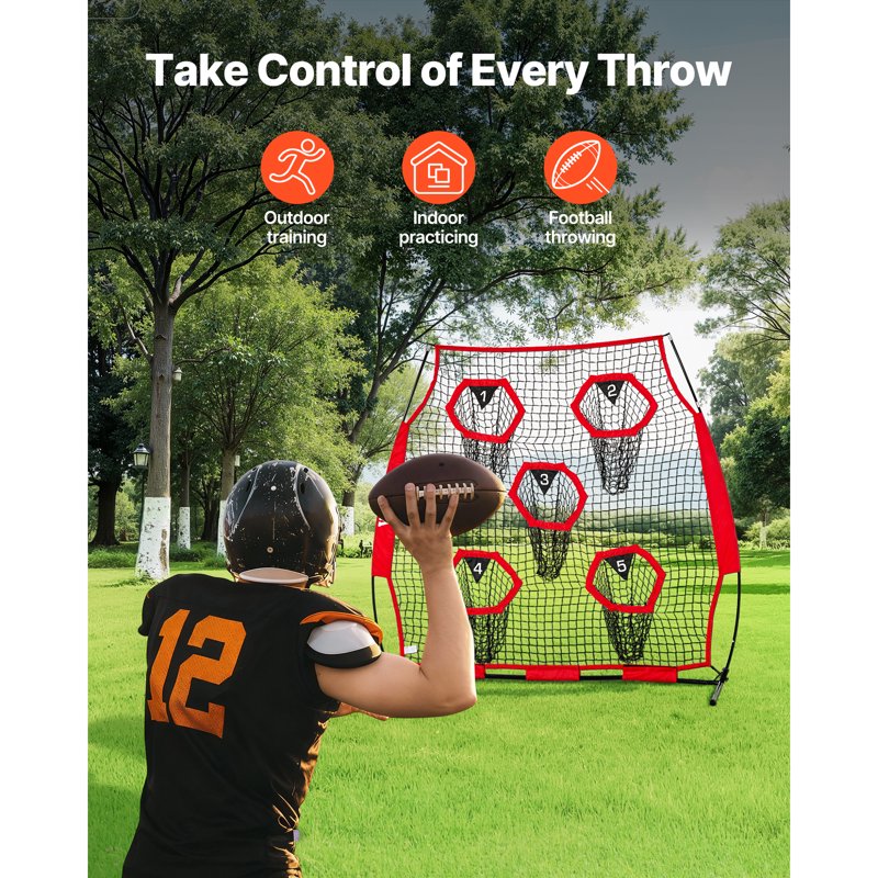Football Practice Net with Targets, Durable Knotless Mesh, Includes Carrying Case - 6x6 ft