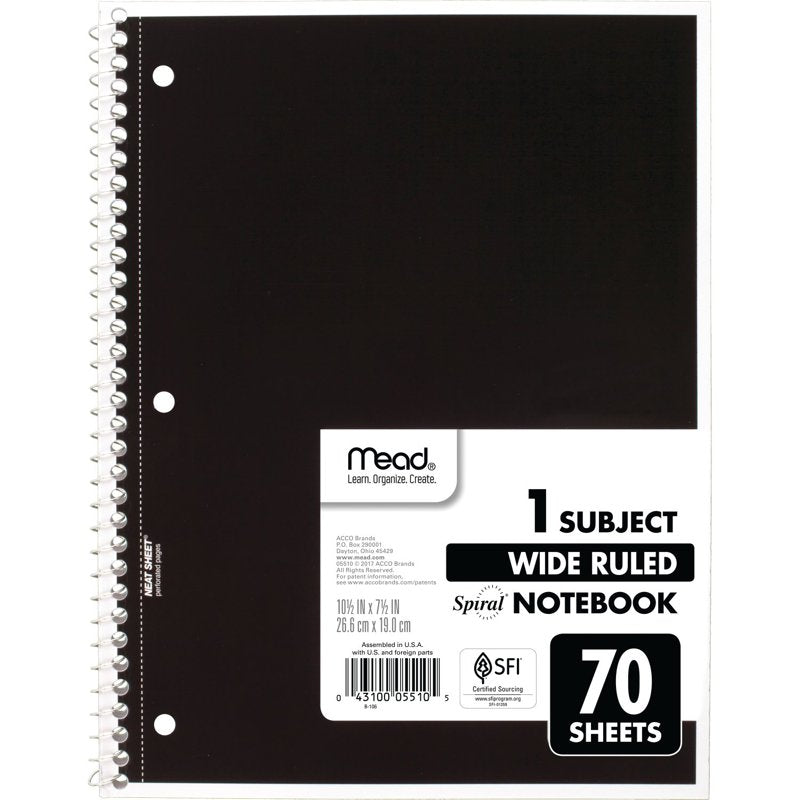 Mead 1 Subject Spiral Notebook Pack of 6 Wide Ruled, Durable 70 Sheets