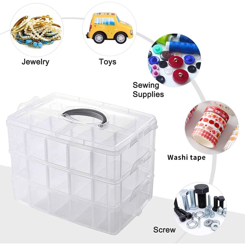 Stackable Bead Organizer Box with 30 Adjustable Compartments - Clear Plastic Craft Storage