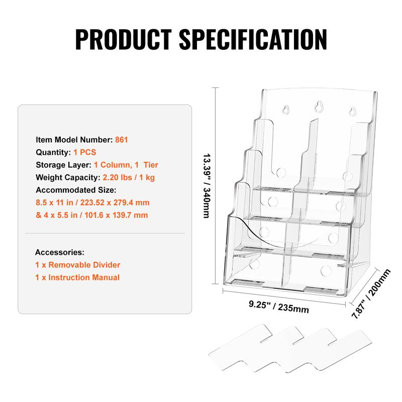 Acrylic Brochure Holder Stand 8.5x11 inch Multi-Tier Display Organizer with Removable Dividers