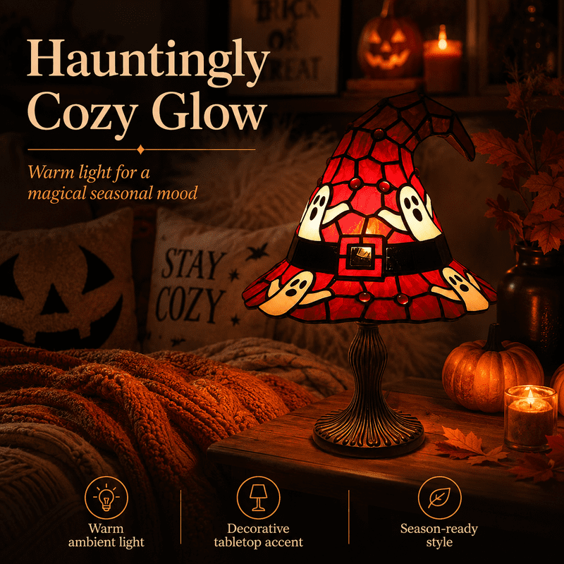 Diceymbol Halloween Stained Glass Witch Hat Lamp with Ghost Pattern – 8 Inch, K Variation