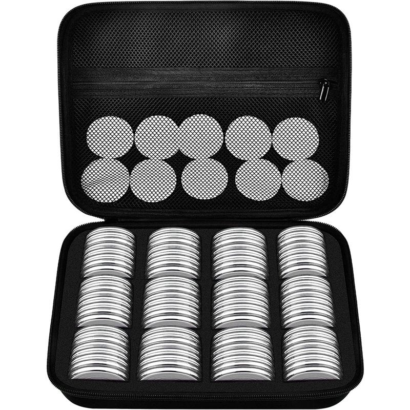 Coin Collection Storage Case with 96 Coin Capsules and Foam Gaskets - White