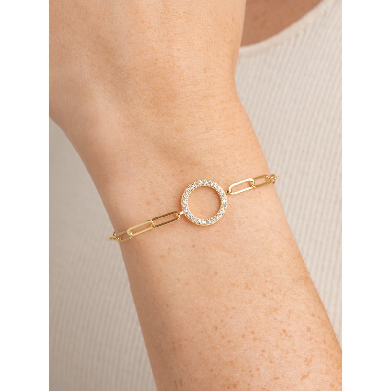 Gold Plated Paperclip Bracelet with Cubic Zirconia Circle for Women - Gift Ready