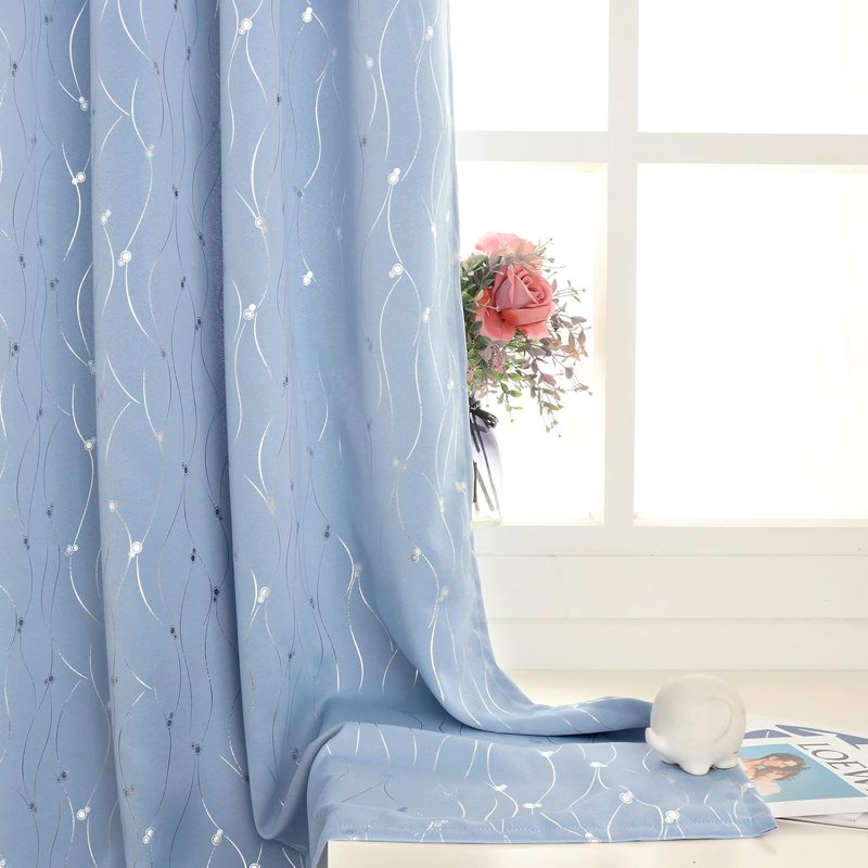 Room Darkening Insulated Blackout Curtains with Silver Dot Print - Light Blue, 2 Panels, 72 Inch Length