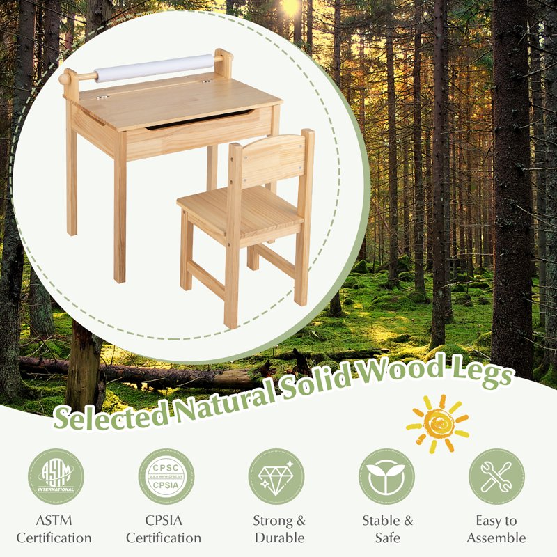 Kids Activity Table with Chair, Paper Roll Holder & Storage - Toddler Furniture