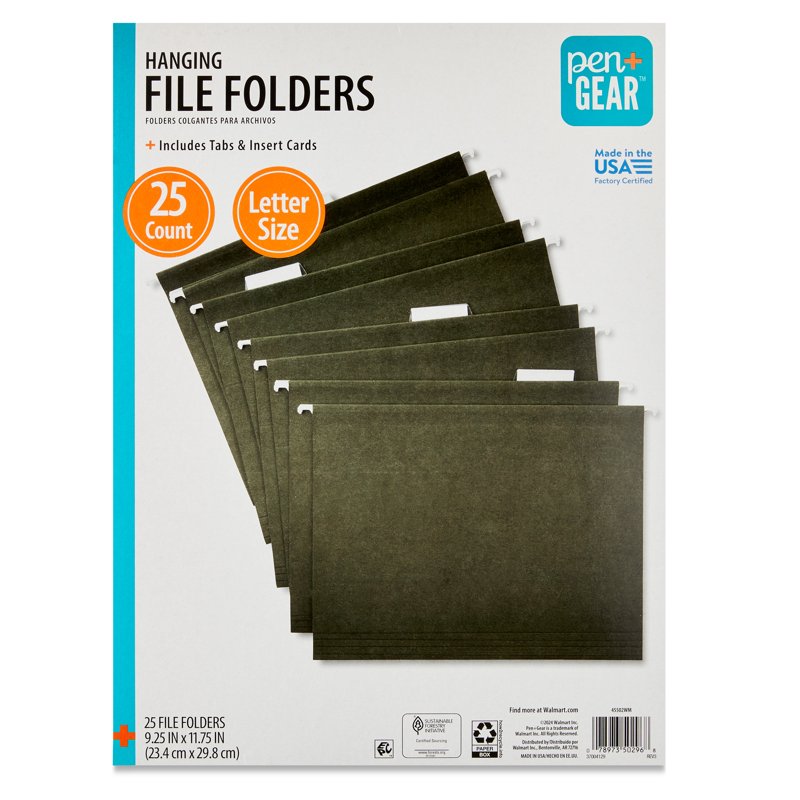 Letter Size Hanging File Folders with Tabs, Pack of 25, Green
