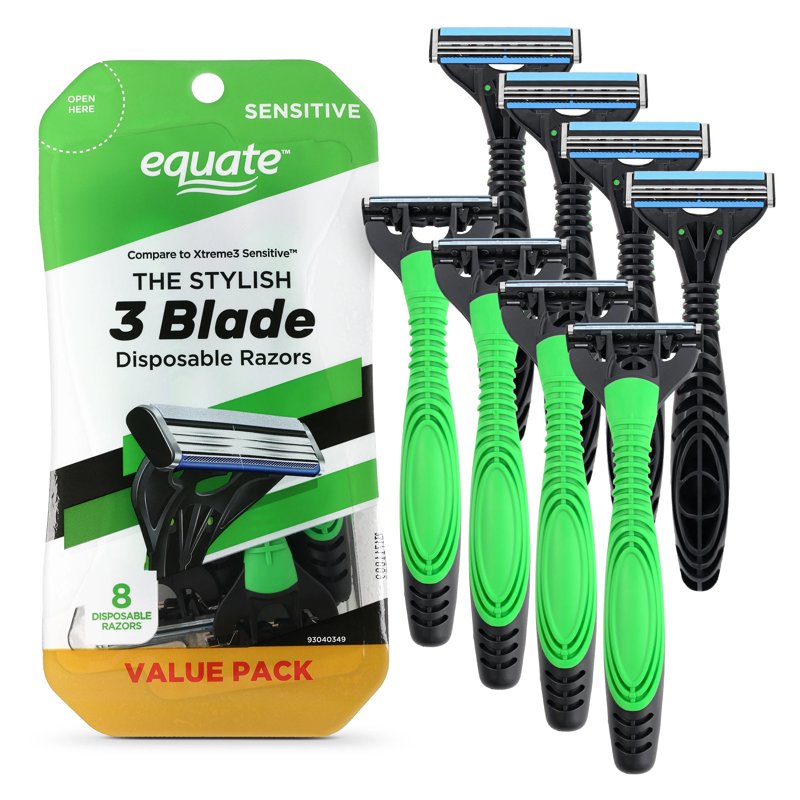 Disposable Razor Set - Men’s 3-Blade Sensitive Shavers, Green & Black, 8 Count