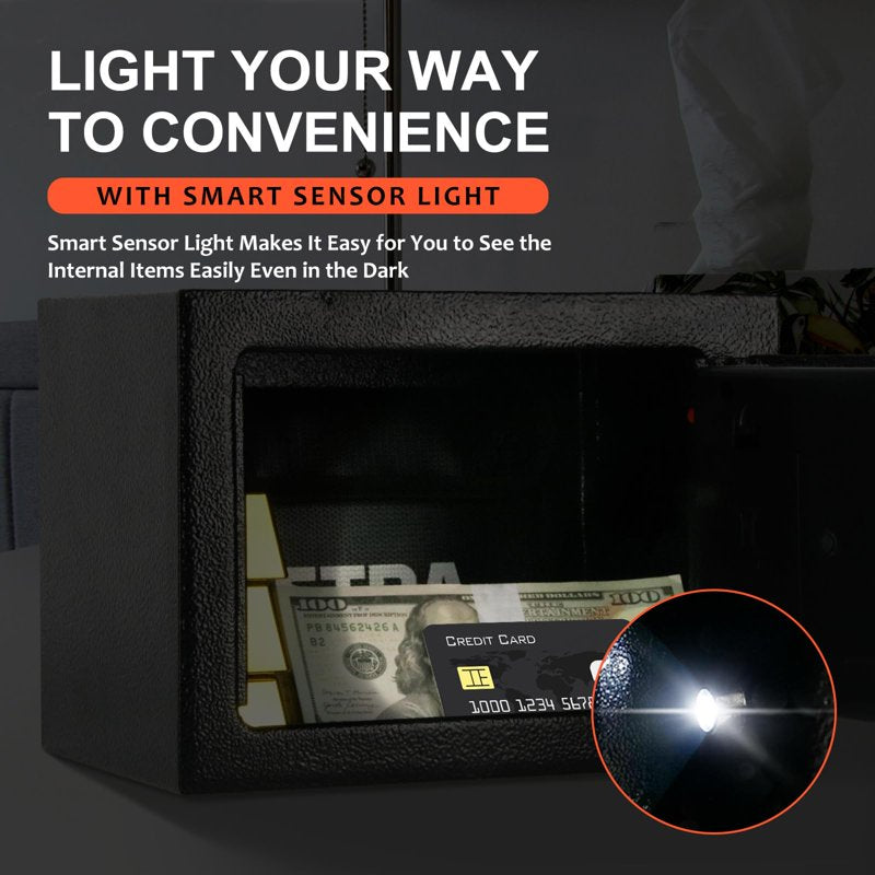 Digital Safe Box with Alarm Sensor Light & Fireproof Bag, 9x6.6x6.5 inch, Black