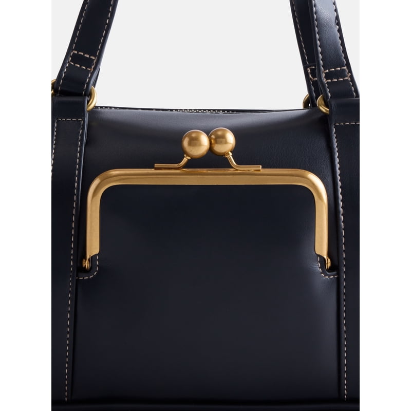Women's Faux Leather Satchel Handbag with Kiss-Lock Pocket - Black