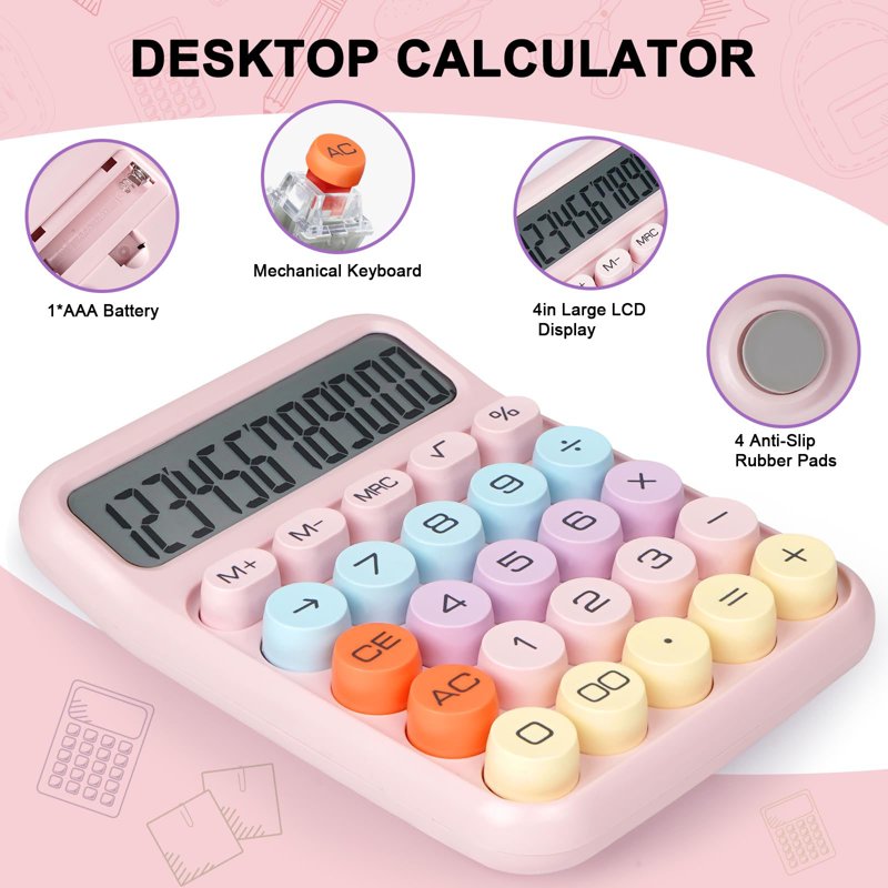 Pink Mechanical Switch Calculator with Large LCD Display & Big Buttons – Desktop Office & Classroom Use