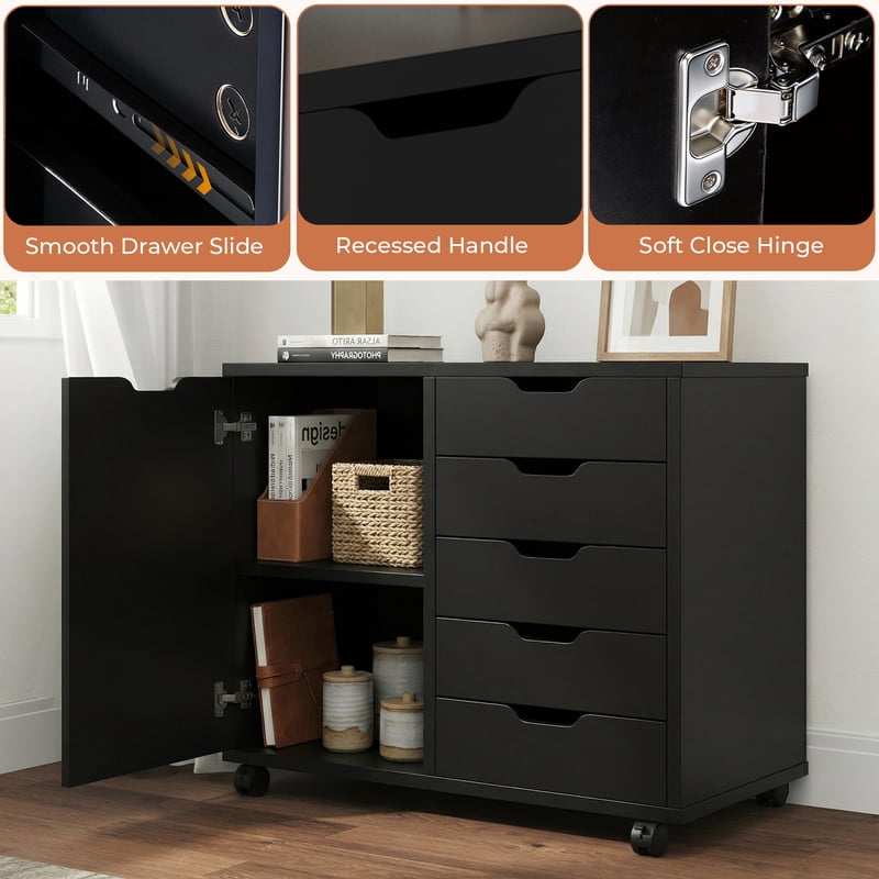 5-Drawer Wooden File Cabinet with Mobile Casters and Adjustable Shelves