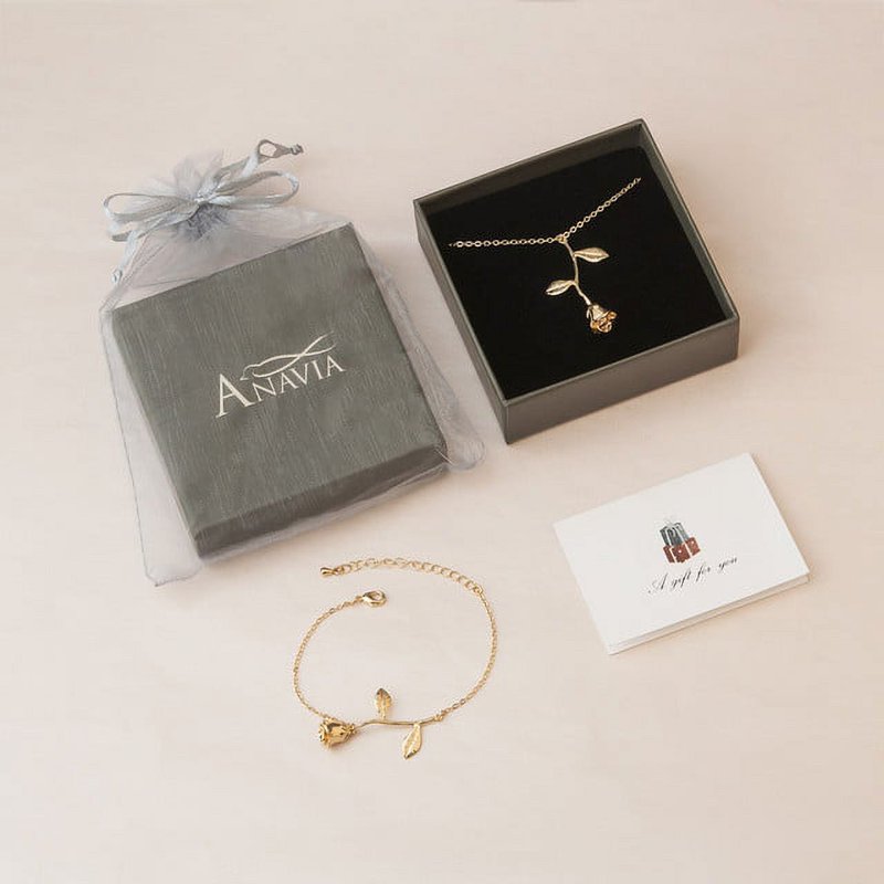 Gold Brass Rose Flower Bracelet Jewelry for Women - Valentine's Day Gift Set
