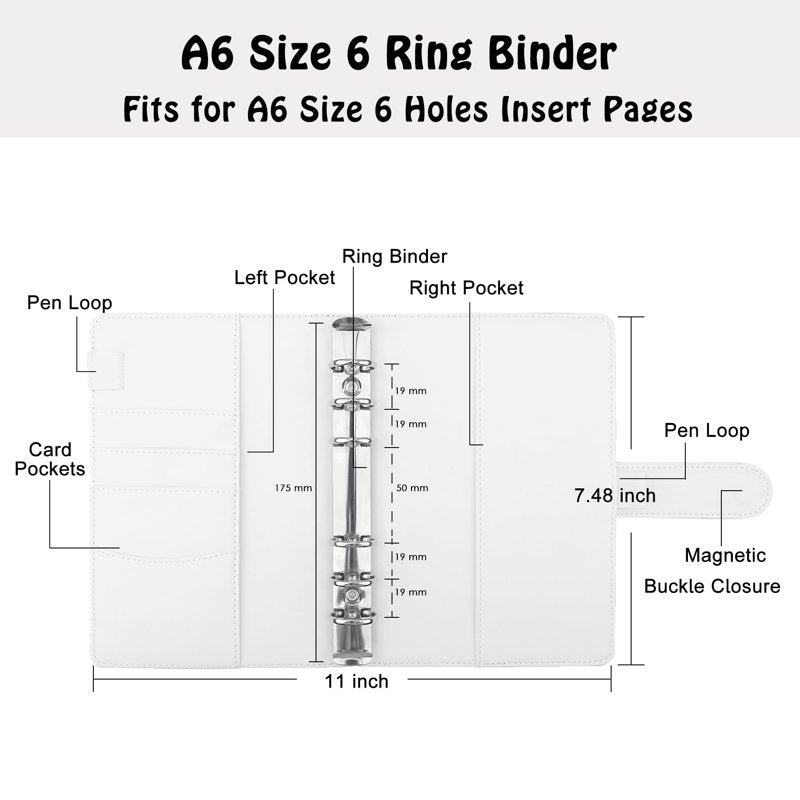 A6 PU Leather Binder Cover with 6 Rings, Refillable Notebook Organizer, White
