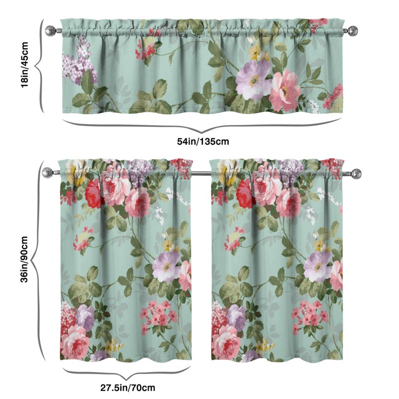 Kitchen Curtains and Valance Set - 3 Piece Vintage Rose Window Treatment