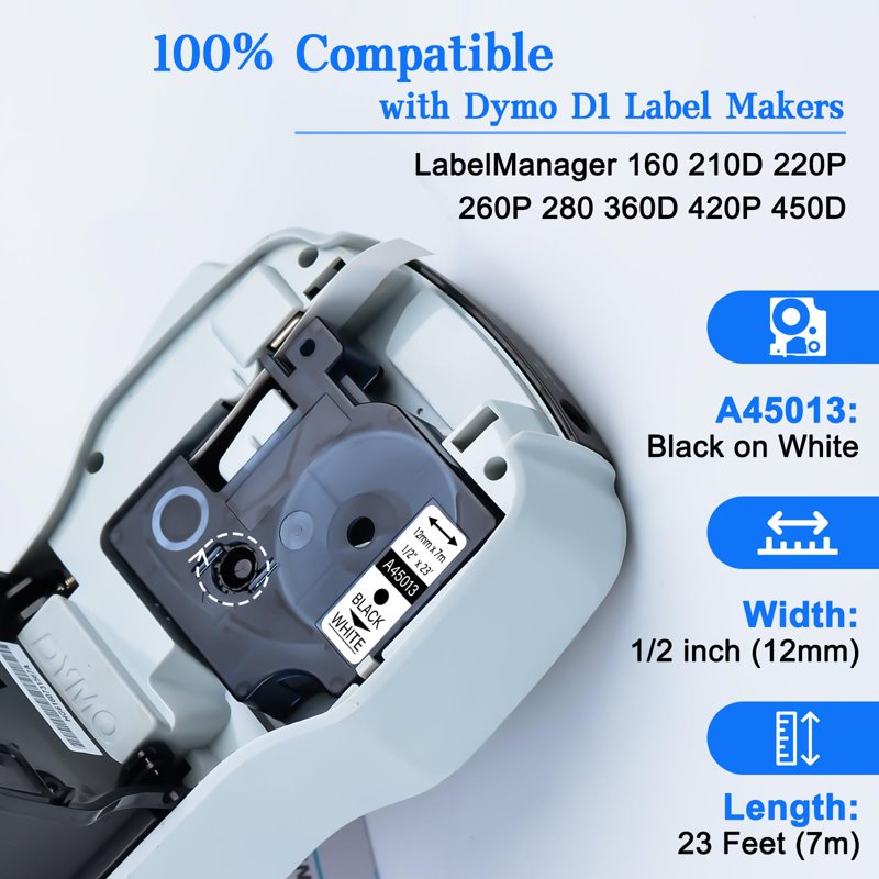 6 Pack Compatible Label Tape for Dymo D1 12mm Black on White Label Maker
