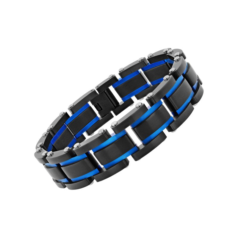 Men's Black and Blue Stainless Steel Link Bracelet - Durable Jewelry