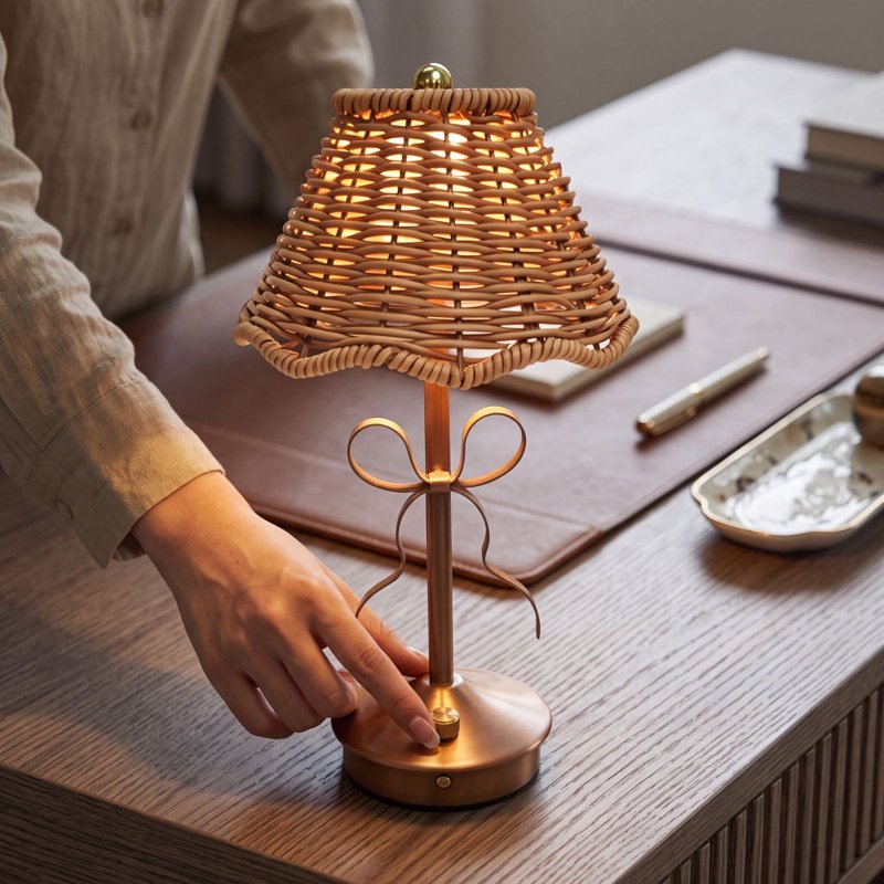 Cordless Rattan LED Table Lamp with Touch Dimming - Nightstand & Decor Light