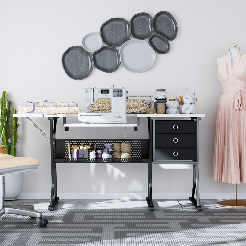Sewing Machine Table with Fold-Down Top & Storage Shelves - White, Adjustable Height