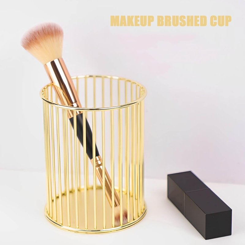 Gold Metal Pen Holder for Desk and Makeup Brush Organizer - Elegant Office & Vanity Accessory