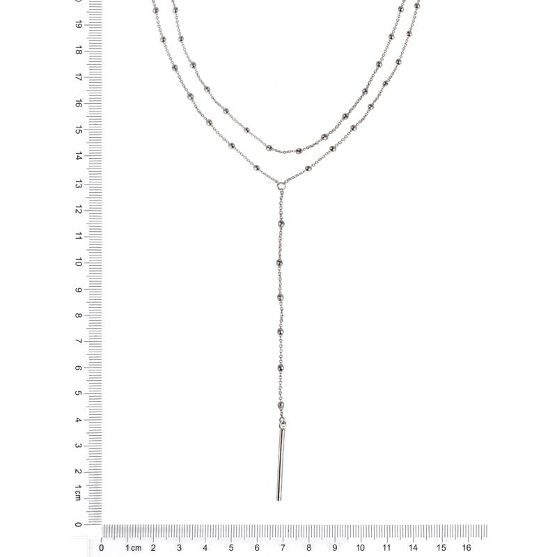 Silvertone 2-Row Flat Oval Chain Necklace with Bar Pendant - 16 Inch