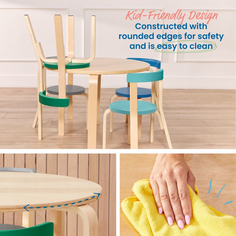 Kids Bentwood Table and Chair Set - 5-Piece Child Furniture for Playroom or Classroom