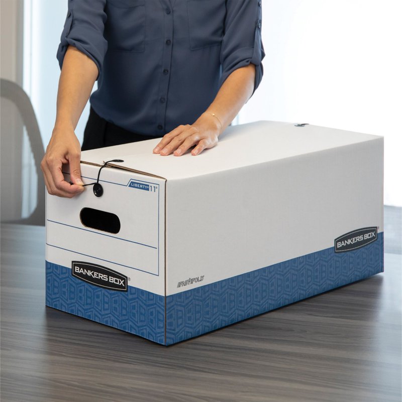 Legal Size Storage Boxes with Locking Lids & Handles - White/Blue, Case of 3