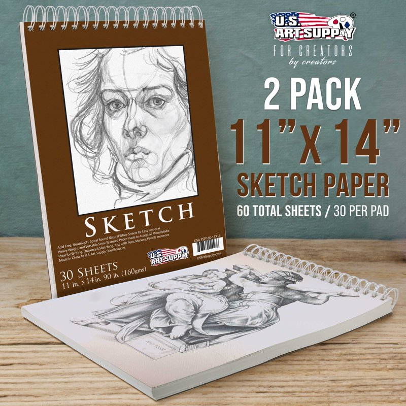 Heavy-Weight Sketch Pad A4 11x14 Inch Spiral Bound 90 lb 30 Sheets Pack of 2