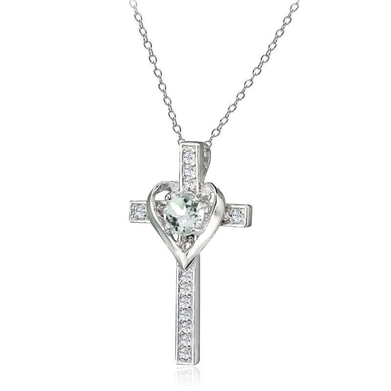 Sterling Silver Birthstone Heart Cross Pendant Necklace for Women & Teens
