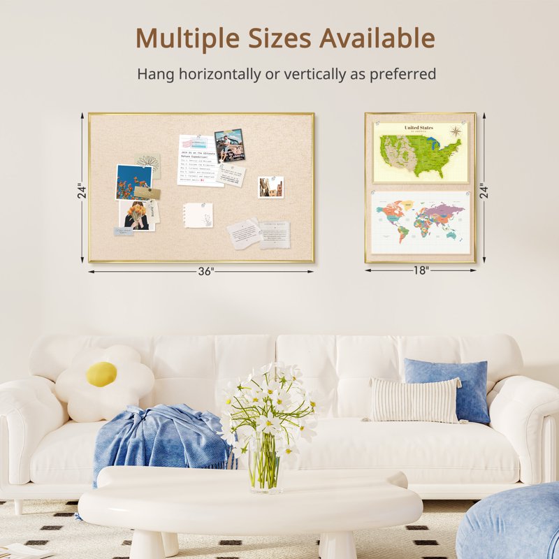 Linen Bulletin Board with Gold Frame - Wall Cork & Fabric Organizer