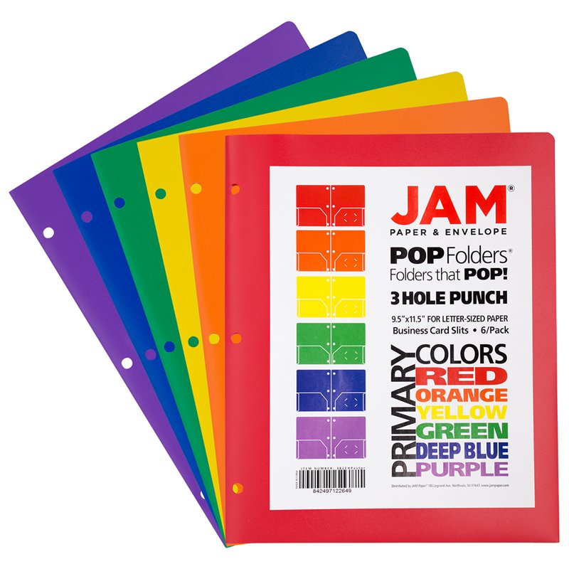 Plastic Hole Punch Folders Assorted Colors 6-Pack - 9.5 x 11.5 Inches