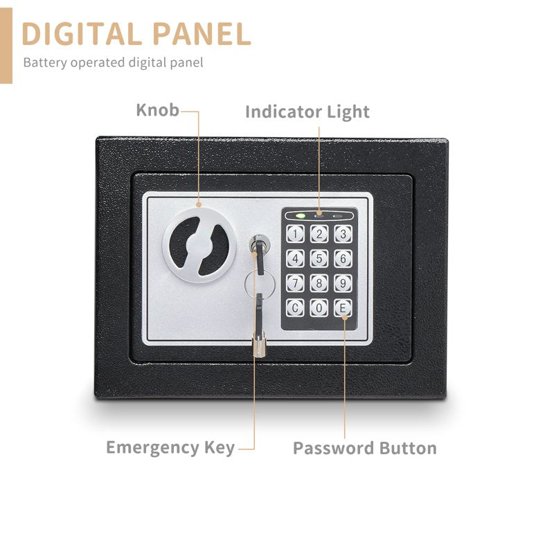 Electronic Security Safe Box 0.17 Cu Ft, Key & Password Lock for Home Office